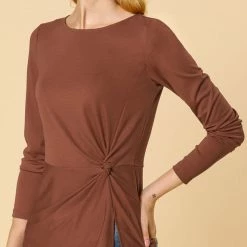 Allegra K Round Neck Front Twist Tops Long Sleeve Shirt