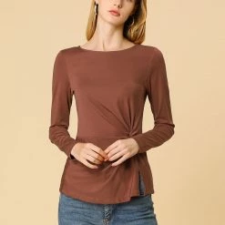 Allegra K Round Neck Front Twist Tops Long Sleeve Shirt
