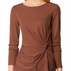 Allegra K Round Neck Front Twist Tops Long Sleeve Shirt
