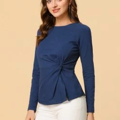 Allegra K Round Neck Front Twist Tops Long Sleeve Shirt