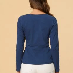 Allegra K Round Neck Front Twist Tops Long Sleeve Shirt