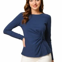 Allegra K Round Neck Front Twist Tops Long Sleeve Shirt