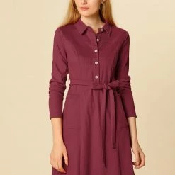 Women Allegra K Half Placket Long Sleeve Short Shirt Dress With Belt
