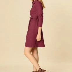 Women Allegra K Half Placket Long Sleeve Short Shirt Dress With Belt