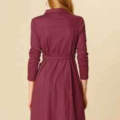 Women Allegra K Half Placket Long Sleeve Short Shirt Dress With Belt