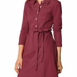 Women Allegra K Half Placket Long Sleeve Short Shirt Dress With Belt