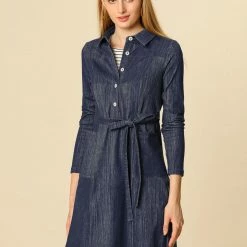 Women Allegra K Half Placket Long Sleeve Short Shirt Dress With Belt