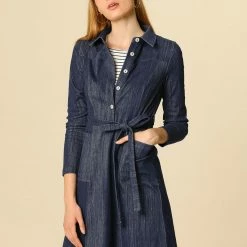 Women Allegra K Half Placket Long Sleeve Short Shirt Dress With Belt