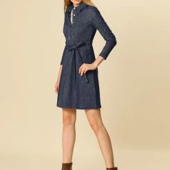 Women Allegra K Half Placket Long Sleeve Short Shirt Dress With Belt