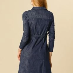 Women Allegra K Half Placket Long Sleeve Short Shirt Dress With Belt