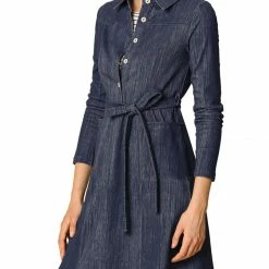 Women Allegra K Half Placket Long Sleeve Short Shirt Dress With Belt