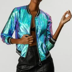 Allegra K Holographic Lightweight Bomber Jacket