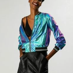 Allegra K Holographic Lightweight Bomber Jacket