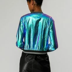 Allegra K Holographic Lightweight Bomber Jacket