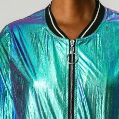 Allegra K Holographic Lightweight Bomber Jacket