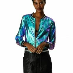 Allegra K Holographic Lightweight Bomber Jacket