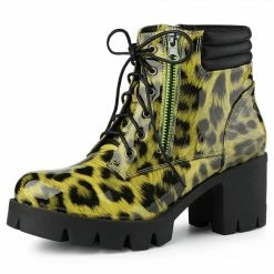 Allegra K Women's Leopard Printed Block Heels Combat Boots Shoes