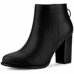Allegra K Women's Round Toe Back Zip Block Heel Ankle Booties Shoes