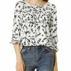 Allegra K Pleated Loose Retro Floral Long Sleeve Top