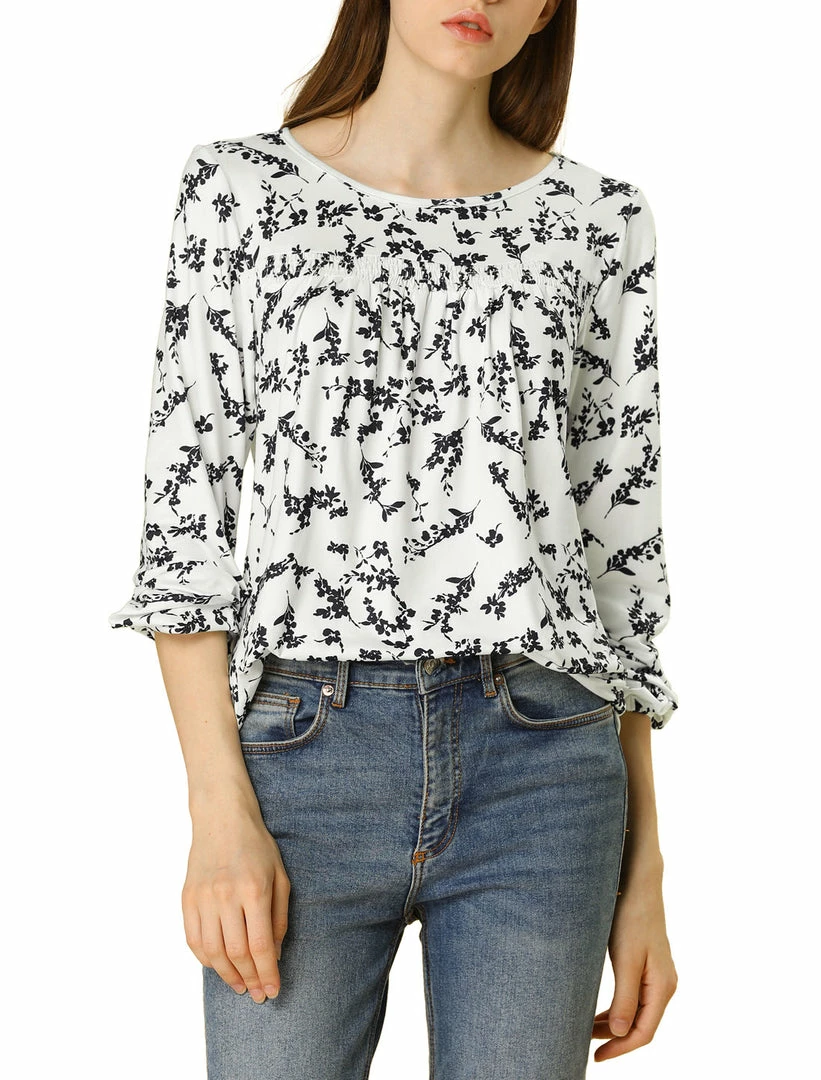 Allegra K Pleated Loose Retro Floral Long Sleeve Top 4 Allegra K Pleated Loose Retro Floral Long Sleeve Top