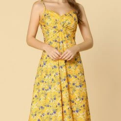 Women Allegra K Spaghetti Strap Twist Front Keen Length Dress