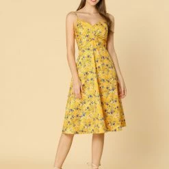 Women Allegra K Spaghetti Strap Twist Front Keen Length Dress