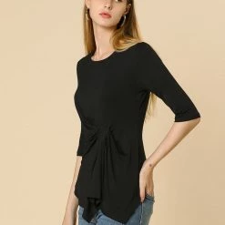 Women Allegra K Casual Asymmetrical Hem Ruched 3/4 Sleeves Round Neck Blouse Top