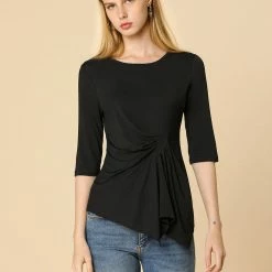 Women Allegra K Casual Asymmetrical Hem Ruched 3/4 Sleeves Round Neck Blouse Top