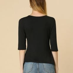 Women Allegra K Casual Asymmetrical Hem Ruched 3/4 Sleeves Round Neck Blouse Top