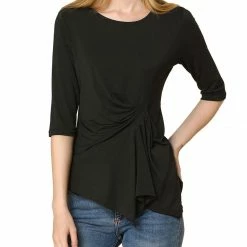 Women Allegra K Casual Asymmetrical Hem Ruched 3/4 Sleeves Round Neck Blouse Top