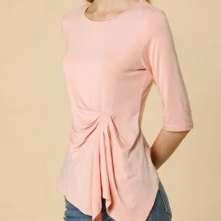 Women Allegra K Casual Asymmetrical Hem Ruched 3/4 Sleeves Round Neck Blouse Top