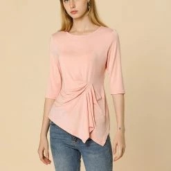 Women Allegra K Casual Asymmetrical Hem Ruched 3/4 Sleeves Round Neck Blouse Top