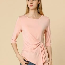 Women Allegra K Casual Asymmetrical Hem Ruched 3/4 Sleeves Round Neck Blouse Top