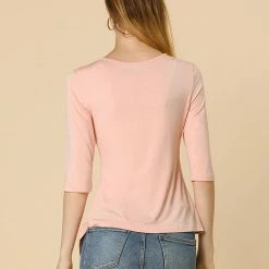 Women Allegra K Casual Asymmetrical Hem Ruched 3/4 Sleeves Round Neck Blouse Top