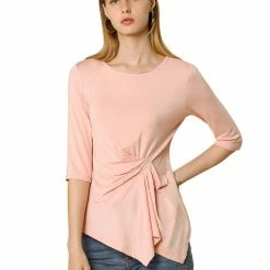 Women Allegra K Casual Asymmetrical Hem Ruched 3/4 Sleeves Round Neck Blouse Top