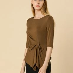 Women Allegra K Casual Asymmetrical Hem Ruched 3/4 Sleeves Round Neck Blouse Top