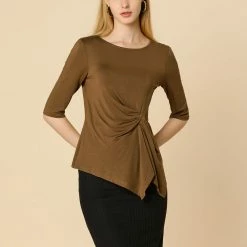 Women Allegra K Casual Asymmetrical Hem Ruched 3/4 Sleeves Round Neck Blouse Top