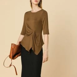 Women Allegra K Casual Asymmetrical Hem Ruched 3/4 Sleeves Round Neck Blouse Top