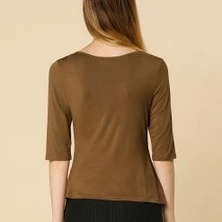 Women Allegra K Casual Asymmetrical Hem Ruched 3/4 Sleeves Round Neck Blouse Top