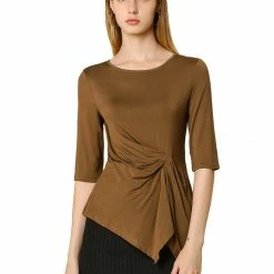 Women Allegra K Casual Asymmetrical Hem Ruched 3/4 Sleeves Round Neck Blouse Top
