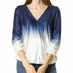 Women Allegra K Dip Dye Wrap V Neck Long Sleeves Elastic Cuffs Blouse