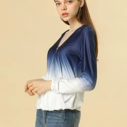 Women Allegra K Dip Dye Wrap V Neck Long Sleeves Elastic Cuffs Blouse