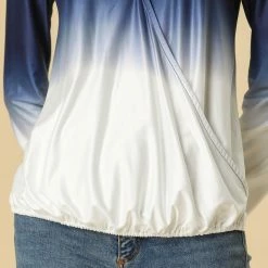 Women Allegra K Dip Dye Wrap V Neck Long Sleeves Elastic Cuffs Blouse
