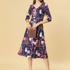 Women Allegra K Floral V Neck Pleated Waist A-line Midi Dress