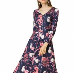Women Allegra K Floral V Neck Pleated Waist A-line Midi Dress