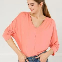 Women Allegra K V Neck Batwing Dolman Loose Casual Top