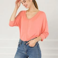 Women Allegra K V Neck Batwing Dolman Loose Casual Top