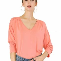 Women Allegra K V Neck Batwing Dolman Loose Casual Top