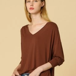 Women Allegra K V Neck Batwing Dolman Loose Casual Top