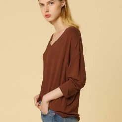 Women Allegra K V Neck Batwing Dolman Loose Casual Top